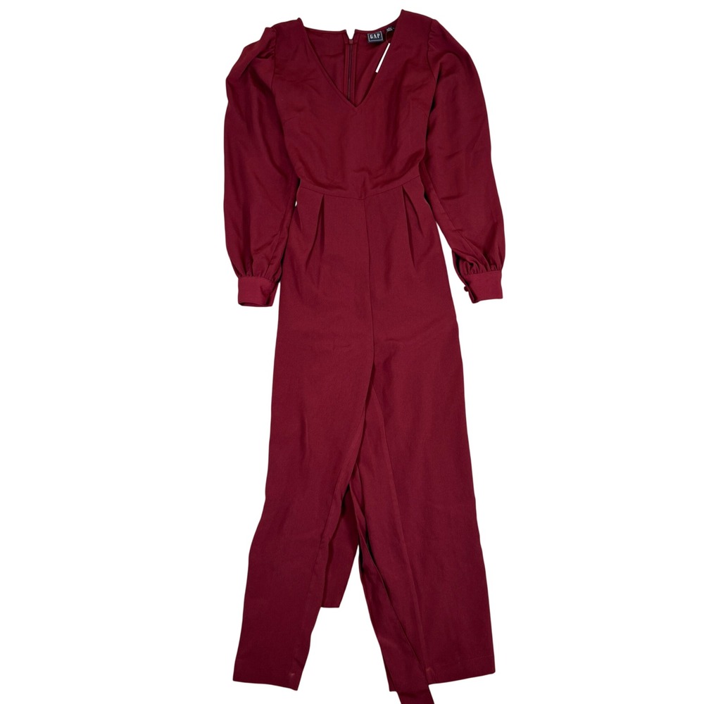 NWT Gap Burgundy V-Neck Puff Sleeve Pleated Straight Leg Jumpsuit 2 Petite NWT